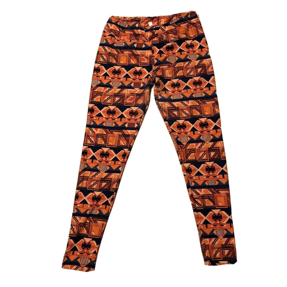 LuLaRoe Leggings Tall & Curvy TC Orange Dark Blue Geometric Pattern TT5